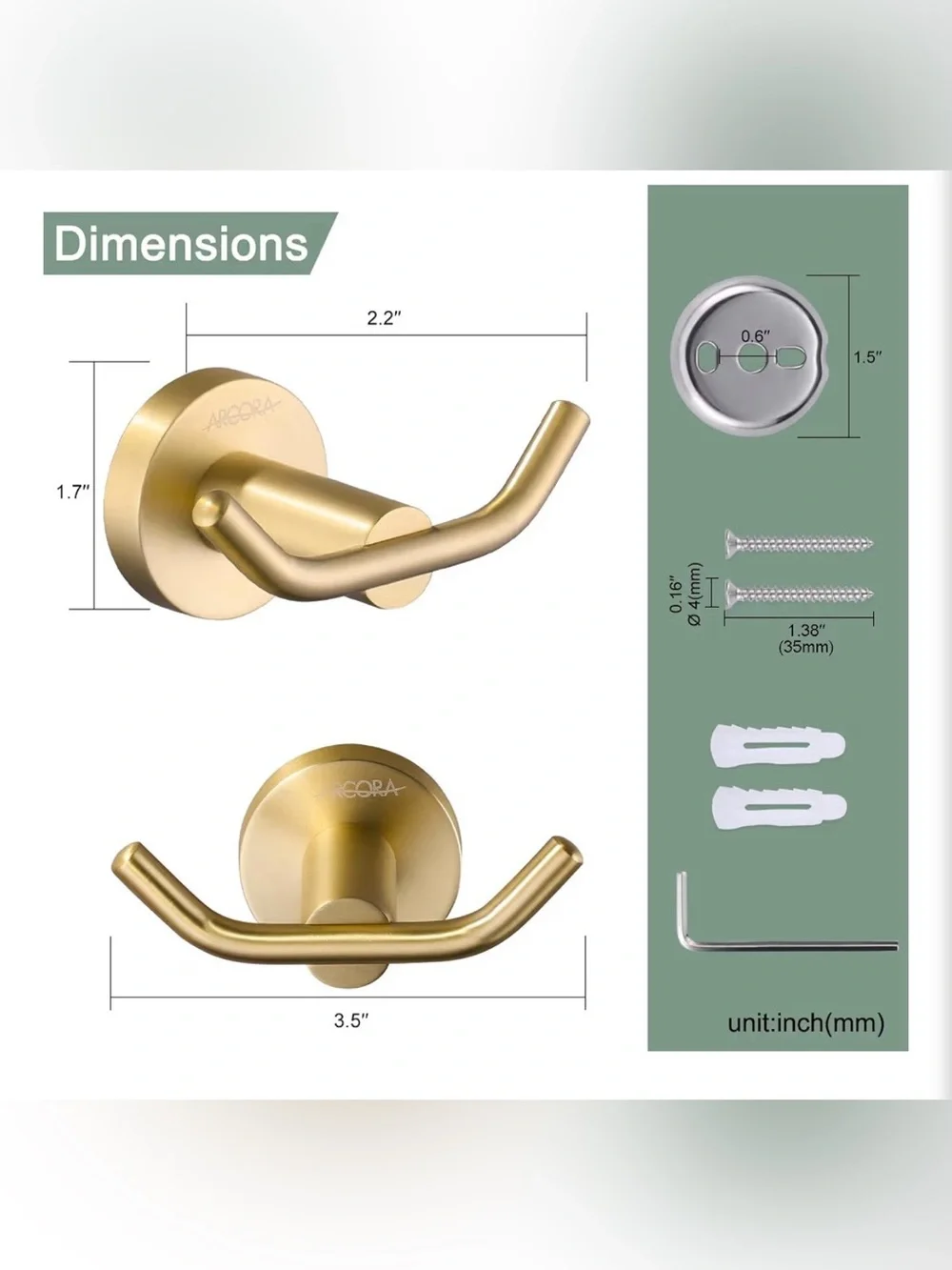 New Set of 2 Arcora Brushed Gold Wall Towel Hook